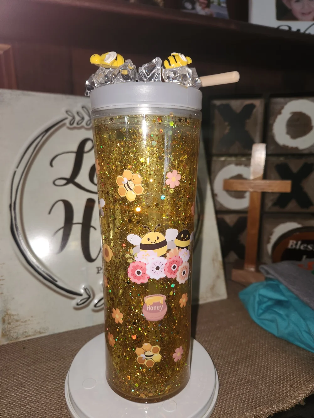 Bee & Honey Glitter Tumbler Duo — Yellow Floral Gnome Accent